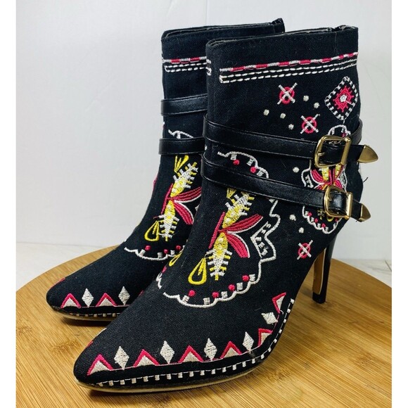 Handmade Shoes - Women's Embroidered Stiletto Ankle Boots, Size 7.5 Soft Fabric Outsole Handmade